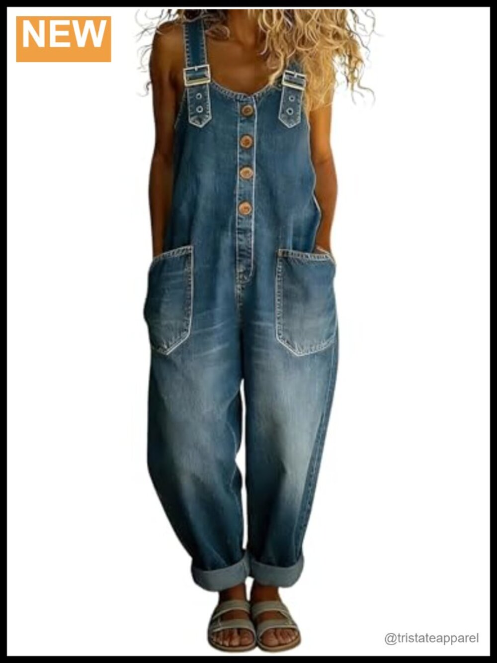 Wide Leg Denim Overalls Button Front Bib Adjustable Strap Cotton Blend